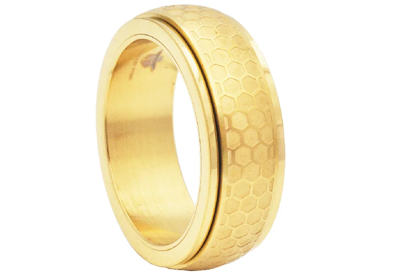 Elegant Gold Rings-Mens Honey Comb Textured Gold Stainless Steel Spinner Band