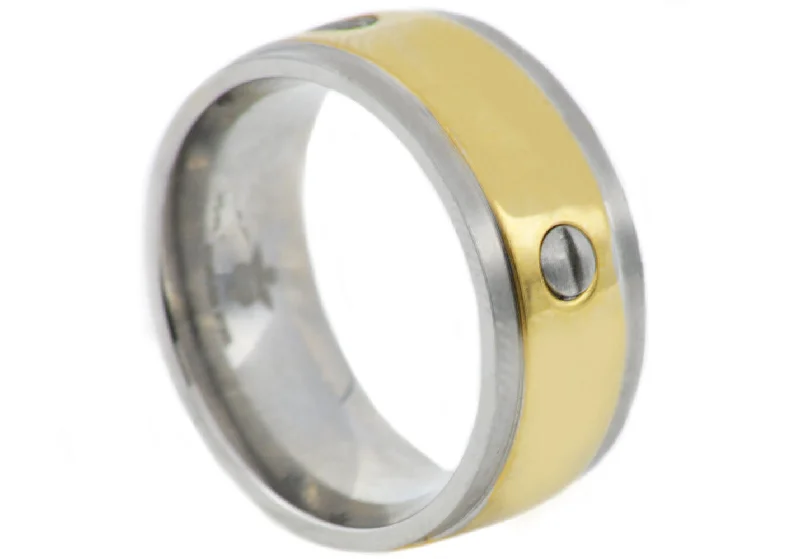 Simple Promise Rings-Mens Gold Stainless Steel Band With Screws