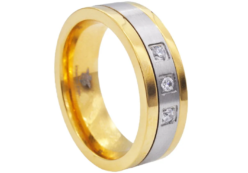 Designer Fashion Rings-Mens Two Tone Gold Plated Stainless Steel Band Ring With Cubic Zirconia