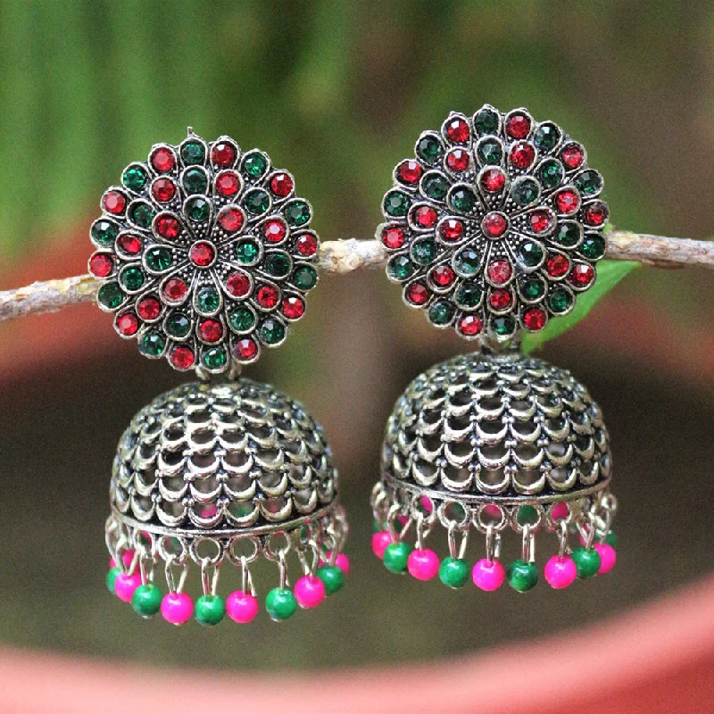 Precious Stone Earrings-H K Fashion Oxidised Plated Austrian Stone And Beads Jhumki Earrings