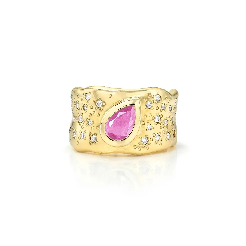 Large Cocktail Rings-Water Drop Pink Sapphire Cigar Band with Oracle Set Diamonds