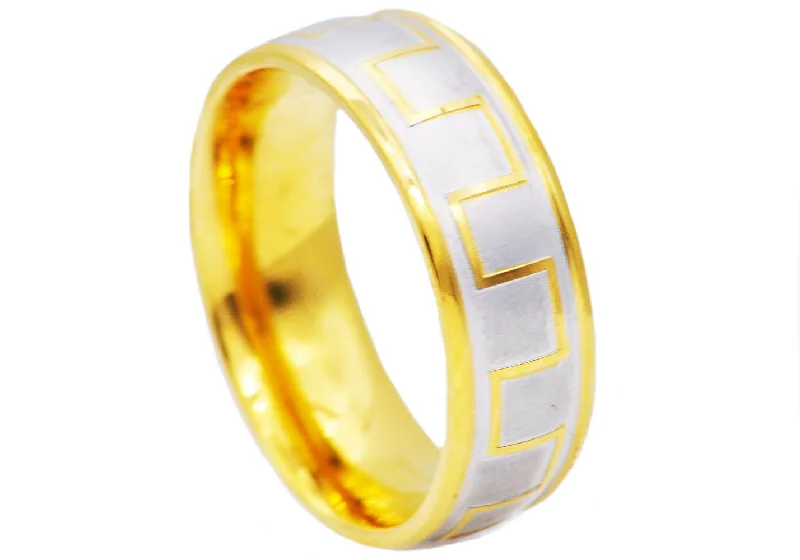 Custom Infinity Wedding Rings-Mens Two Tone Gold Stainless Steel Greek Key Band Ring