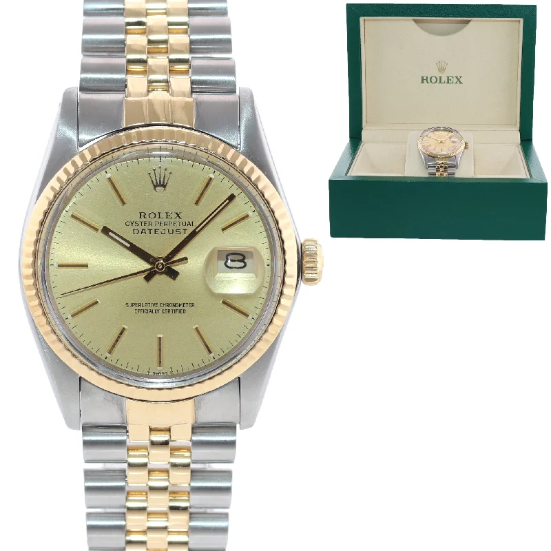 Custom Sports Watches with GPS Tracker-Rolex DateJust 36mm 16013 Two Tone 18k Gold Jubilee Champagne Stick Watch Box