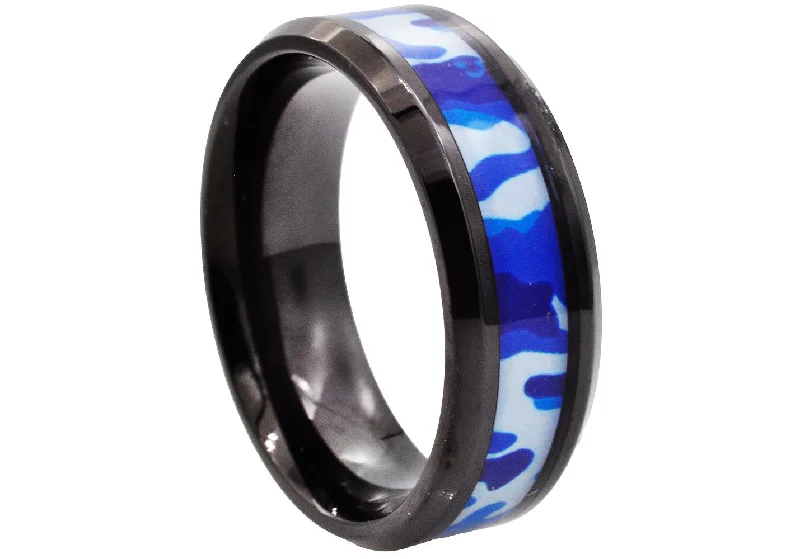 Personalized Couple’s Rings-Mens Black Stainless Steel Blue Camo Band Ring