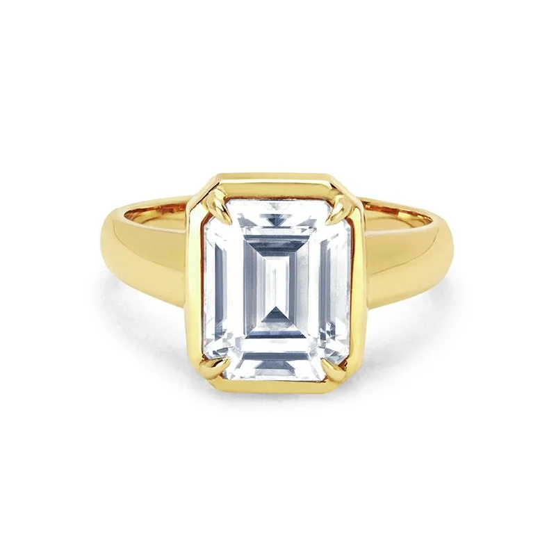 Trendy Gold Rings for Women-Emerald Cut Diamond Solitaire Setting with Tapered Cloud Fit Band