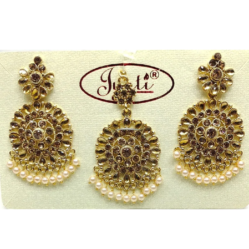 Golden Crystal Earrings-Tip Top Jewellers Gold Plated Austrian Stone And Pearl Earrings With Mangtikka