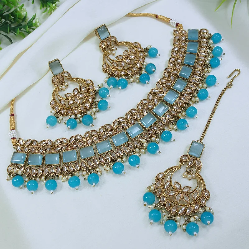 Trendy Necklaces for Teens-LALSO Stunning Mehendi Gold plated AD/Zircon Work Necklace Jewelry Set With Maangtika