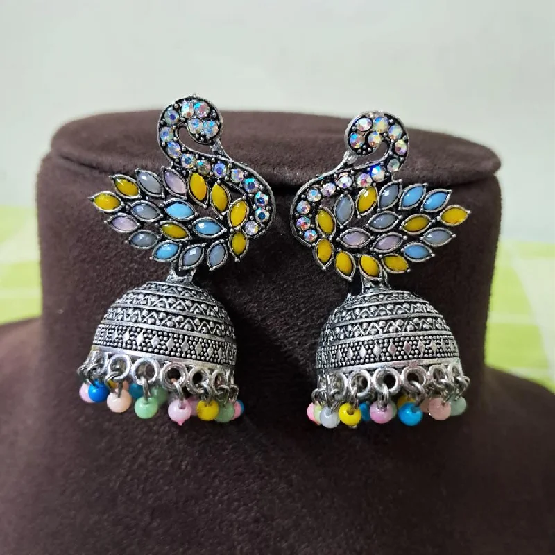 Colorful Stone Earrings-H K Fashion Oxidised Plated Austrian Stone And Beads Jhumki Earrings