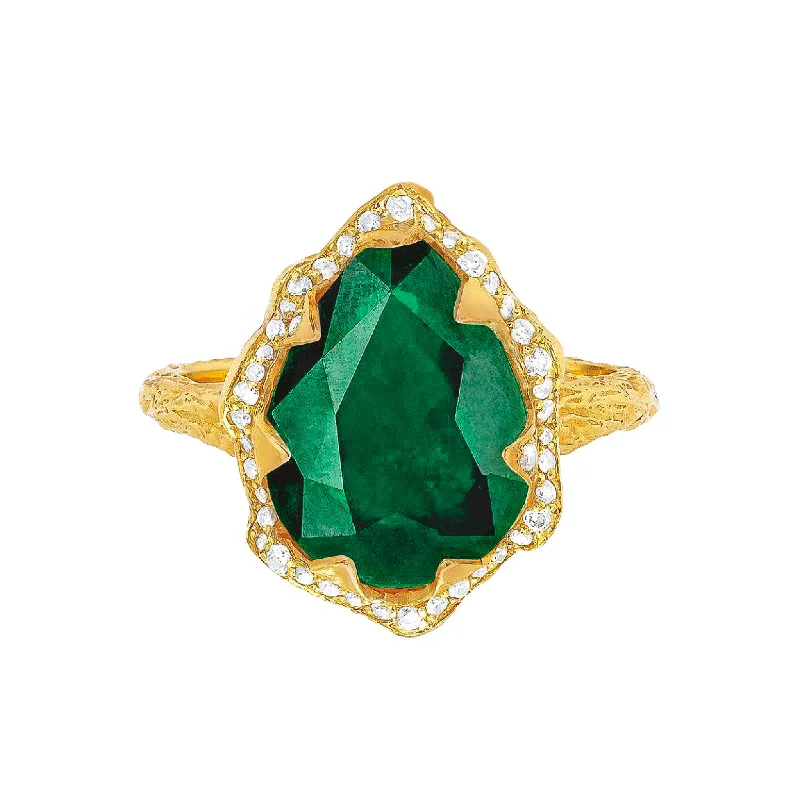 Handmade Gemstone Rings-18K Queen Water Drop Zambian Emerald Ring with Full Pavé Diamond Halo