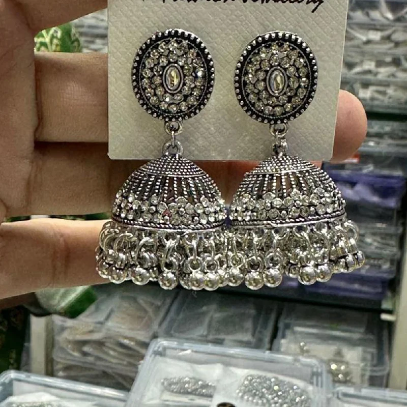 Cute Flower Earrings-Manisha Jewellery Oxidised Plated Austrian Stone Jhumki