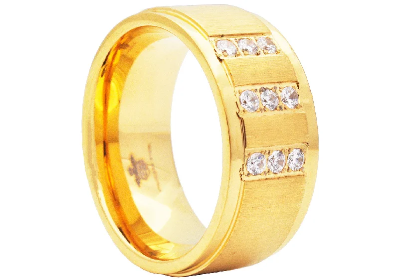 Custom Engagement Rings with Sapphire-Mens 10mm Brushed Gold Plated Stainless Steel Ring With Cubic Zirconia