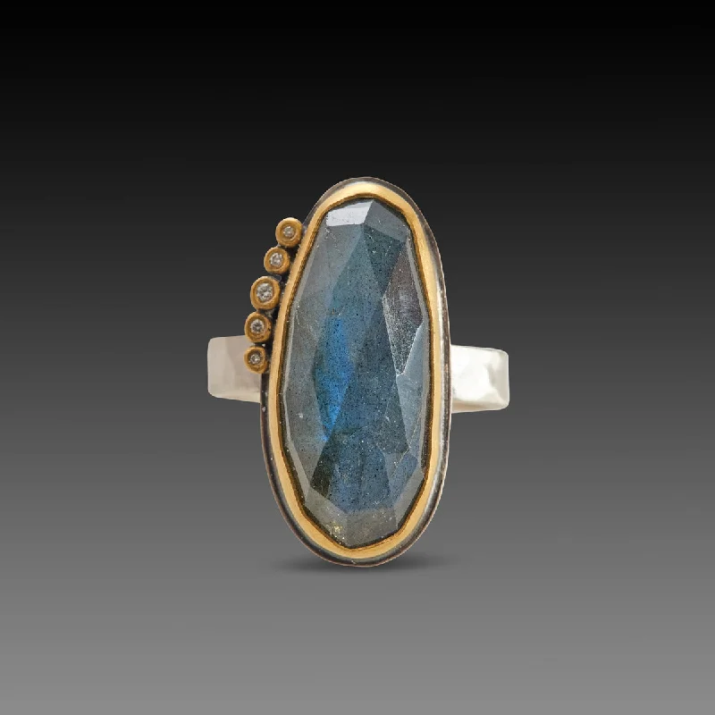 Unique Gemstone Rings-Labradorite Ring with Diamond Line