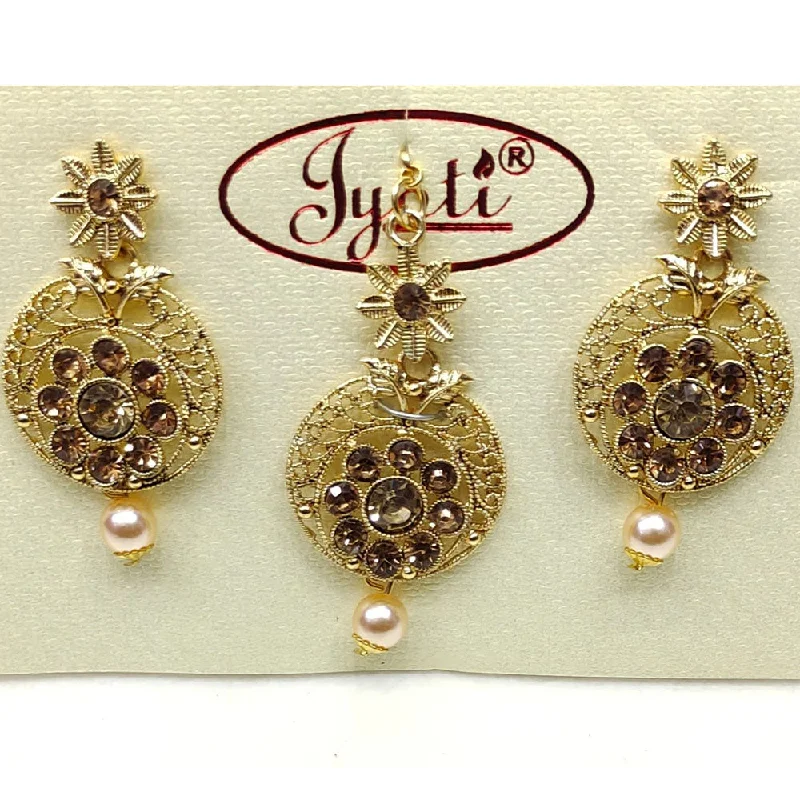 Gold Plated Dangle Earrings-Tip Top Jewellers Gold Plated Austrian Stone And Pearl Earrings With Mangtikka