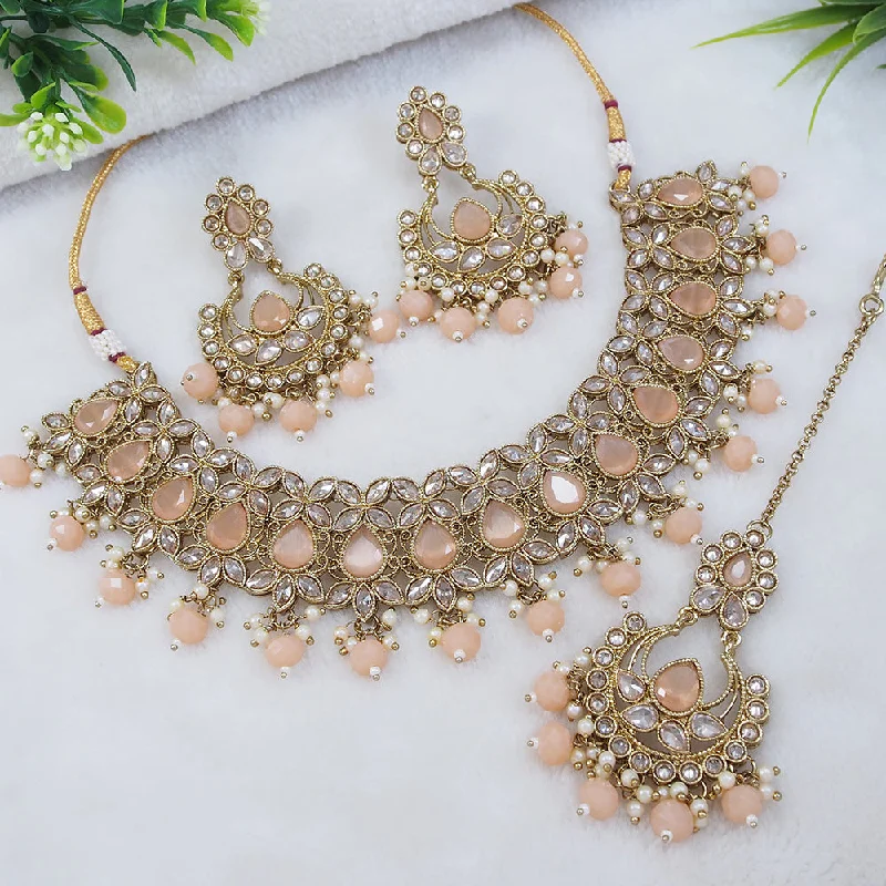 Long Pendant Necklaces-LALSO Designer Mehendi Gold plated AD/Zircon Work Necklace Jewelry Set With Maangtika