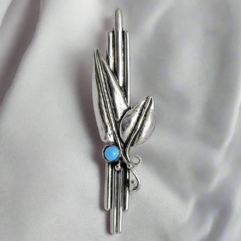 Personalized Name Brooch-Greek Traditional Olive Leaf Brooch in Sterling silver with turquoise (K-30)