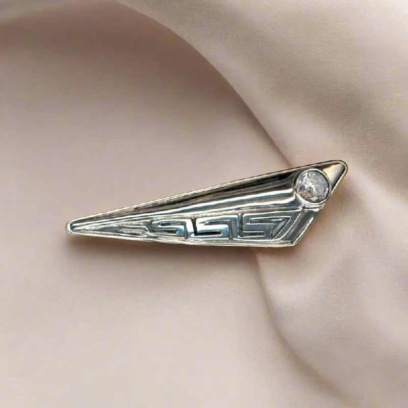 Fashionable Brooch with Vintage Appeal-Greek Key Meander Brooch in Sterling Silver with zircon (K-60)