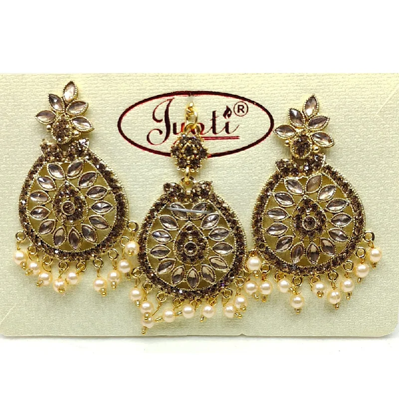 Elegant Long Earrings-Tip Top Jewellers Gold Plated Austrian Stone And Pearl Earrings With Mangtikka