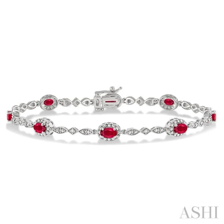 Trendy Designer Bracelets-5x3MM Oval Cut Ruby and 1/20 Ctw Single Cut Diamond Bracelet in 14K White Gold