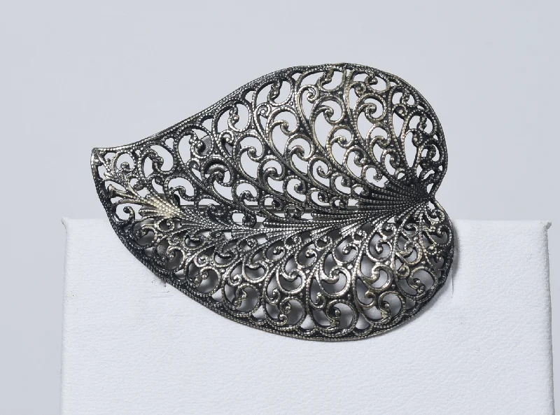 Designer Gold Brooch for Weddings-Jewel Art - Sterling Silver Filigree Leaf Brooch